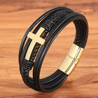 Cross Style Multi Layer Design Men's Leather Bracelet SJA