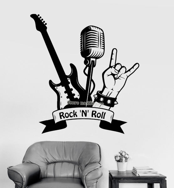 Rock 'N' Roll Art Wall Decal Quote Guitar Microphone Musical Stickers Mural Wall Stickers SJA